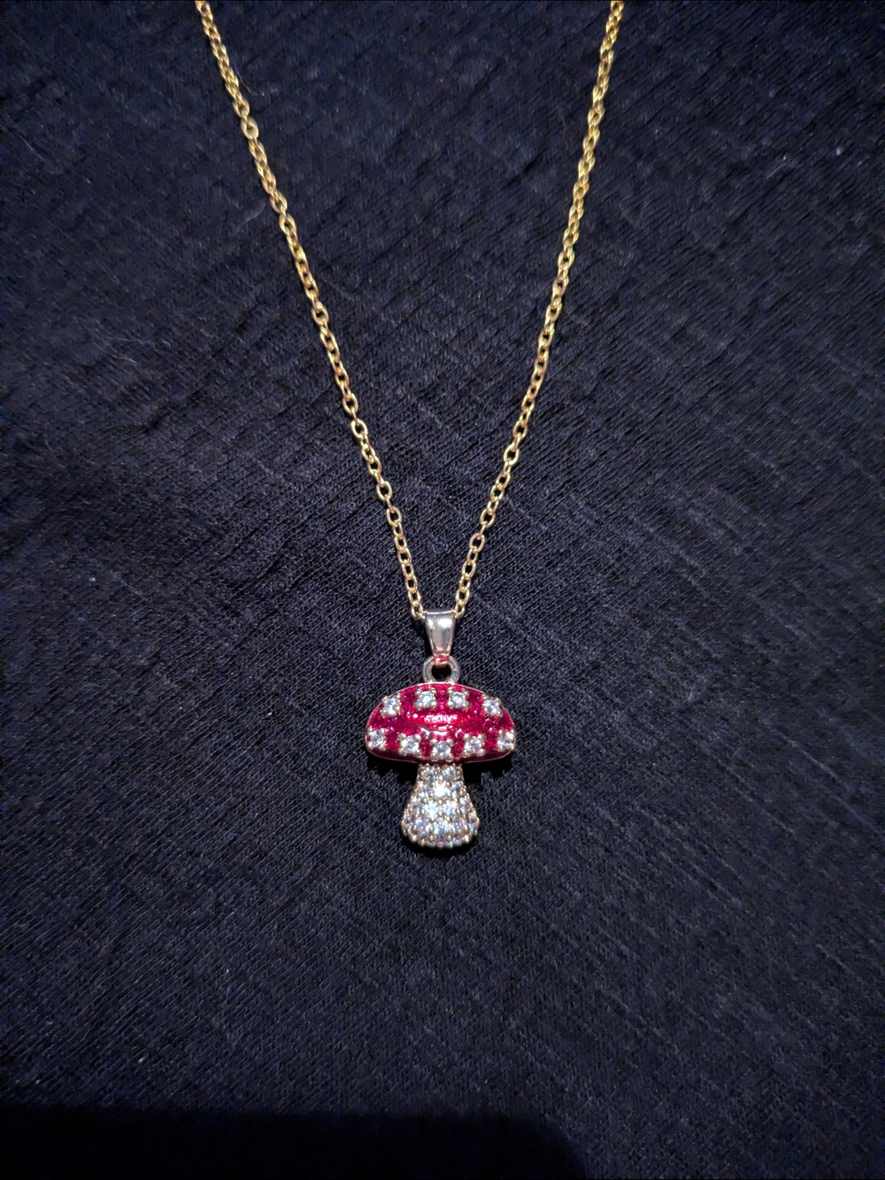 Gold-Tone Mushroom Pendant Necklace with Red Crystal Cap